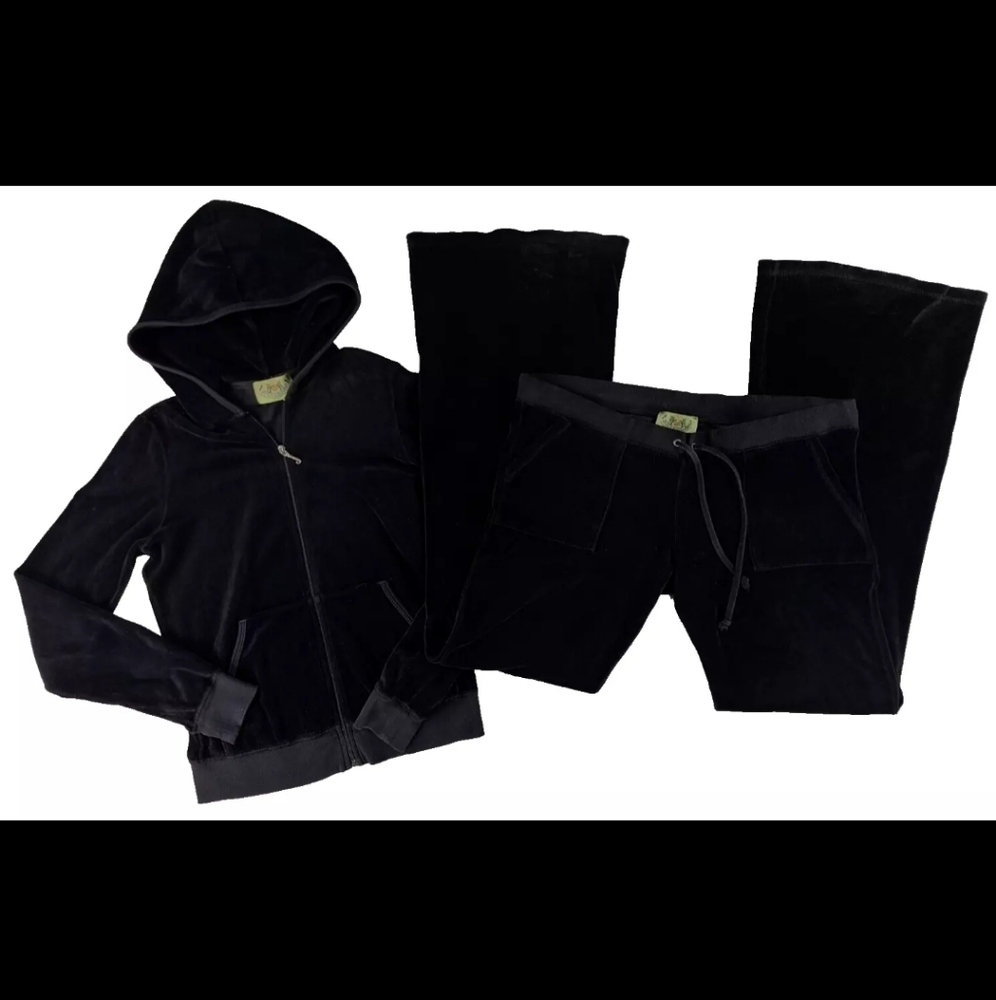 Y2K Juicy Couture Velour Black Tracksuit 2 Piece Track Suit Sz Large